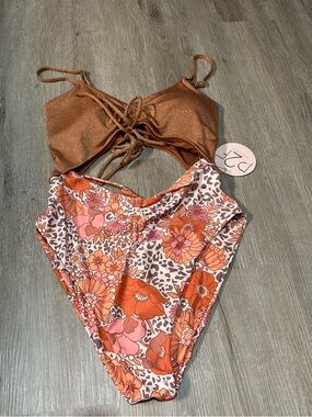 P2F Movement One-Piece Swimsuit Size L NWT Boho Floral Leopard Cut-Out